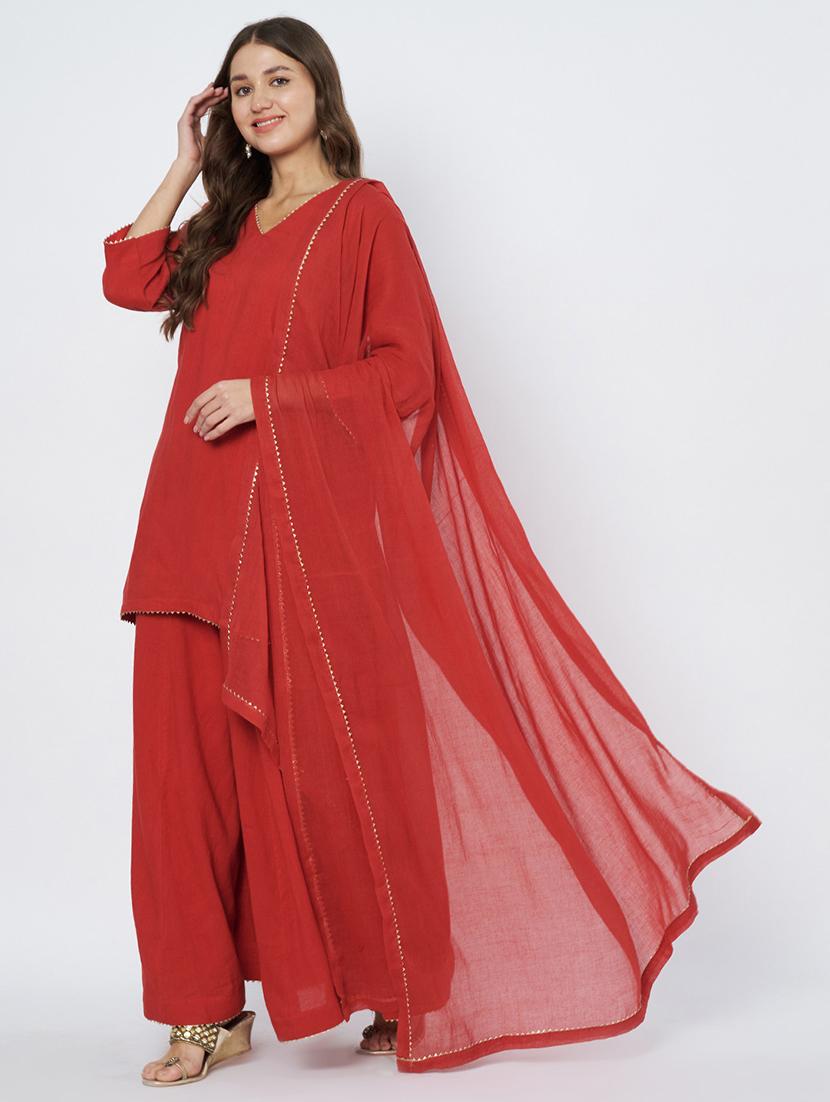 women three quarter sleeve kurta palazzo with dupatta set - 21967096 - Standard Image - 1
