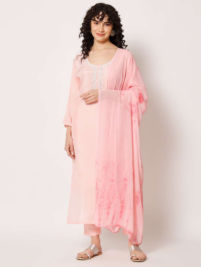 women embroidered long sleeve kurta pant with dupatta set