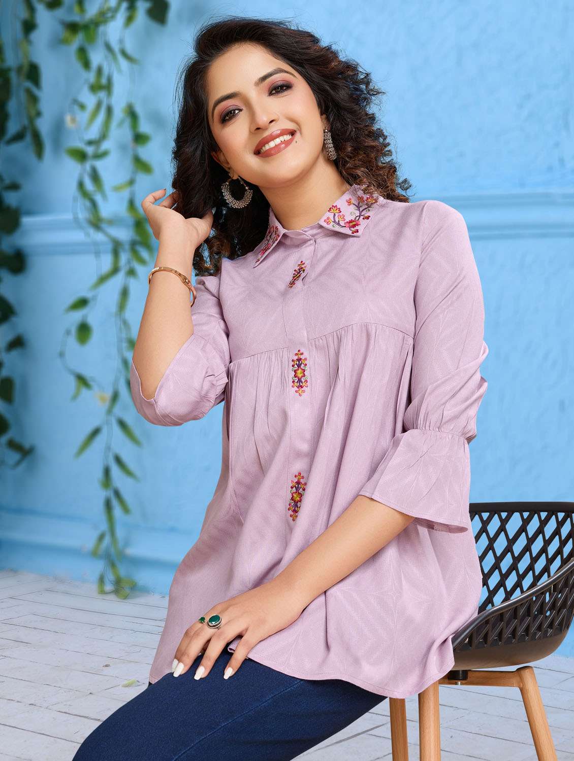 women embroidered collared bell sleeve a-line top