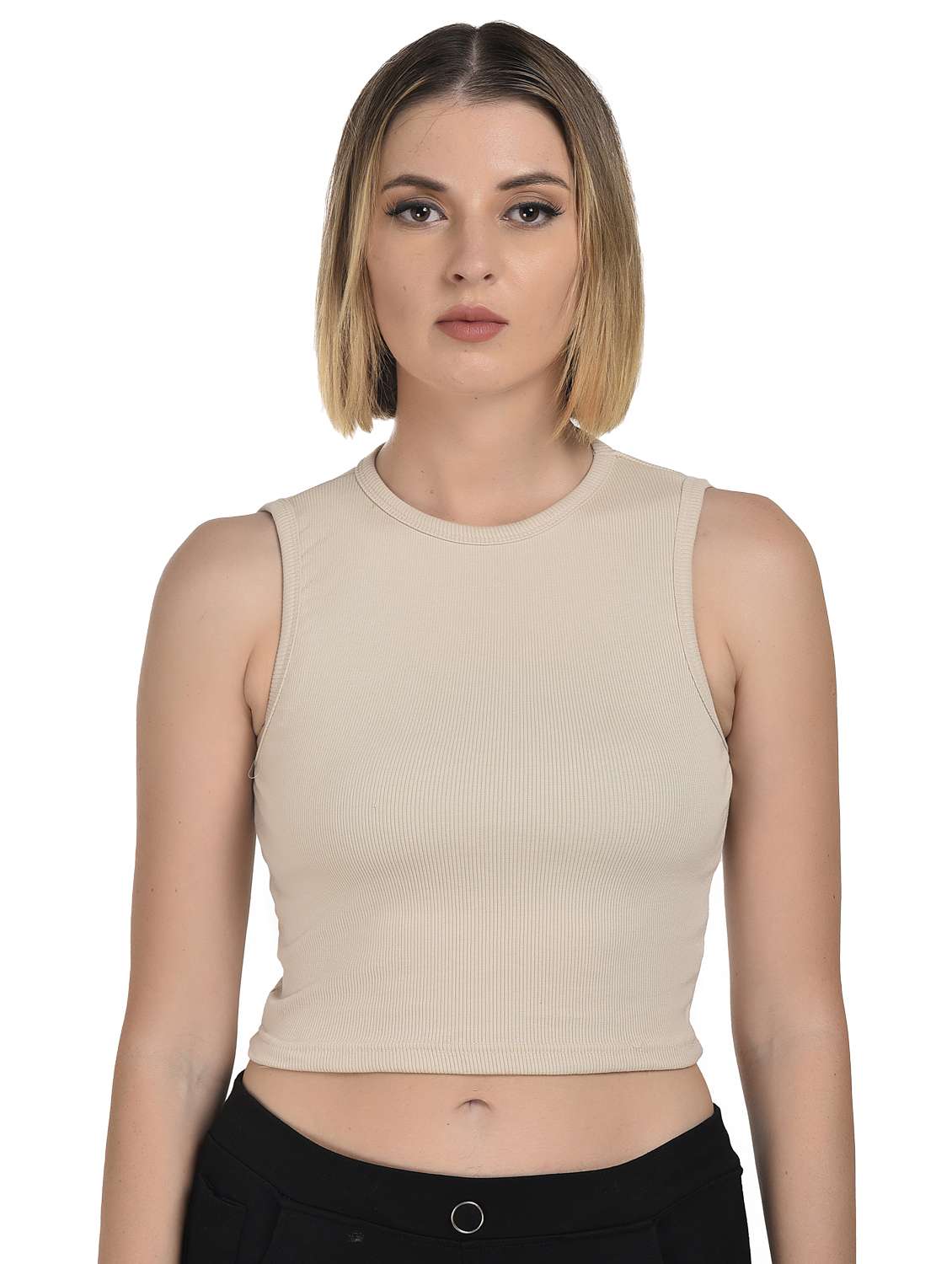 women beige solid sleeveless crop top