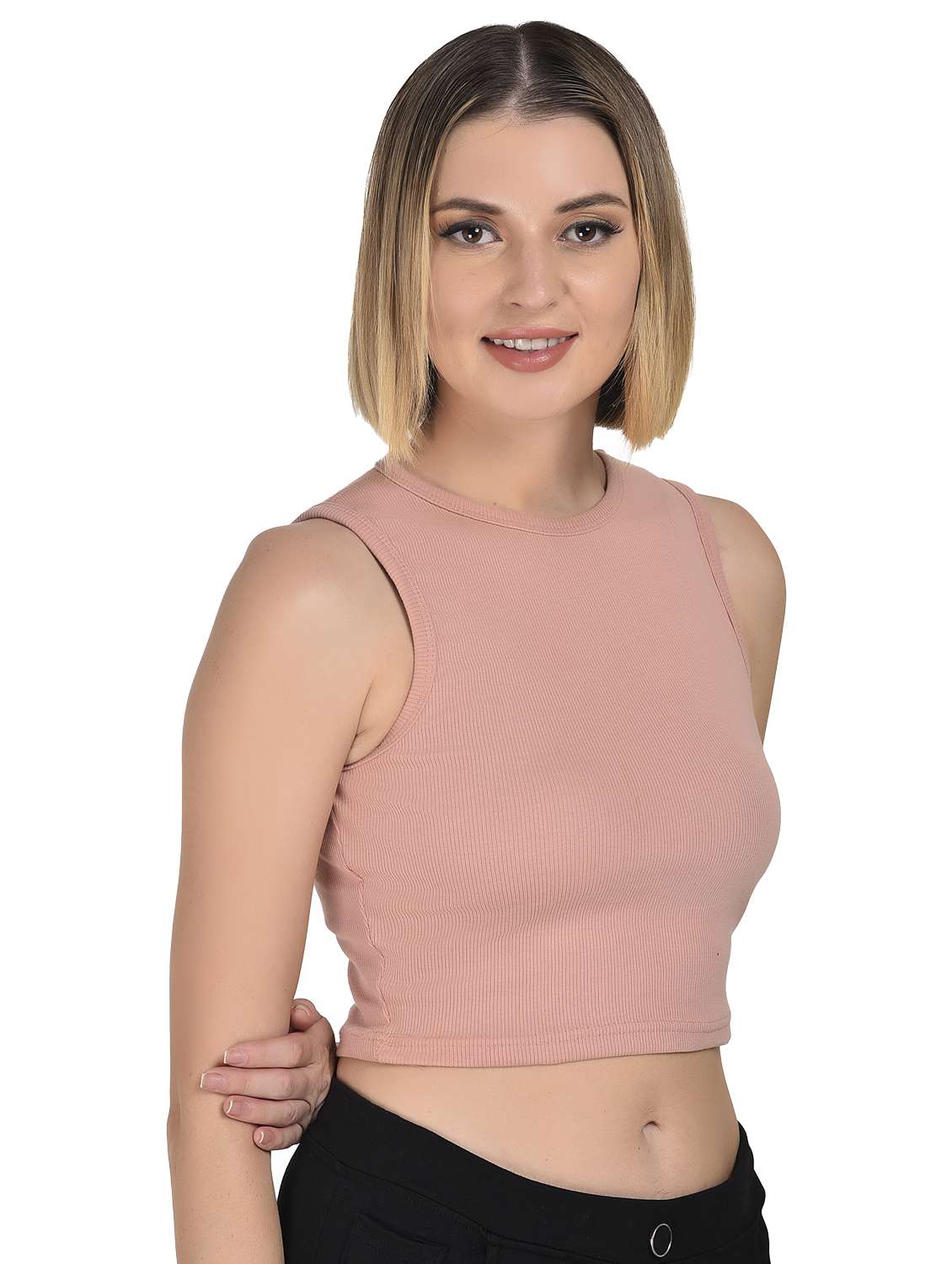 women peach solid sleeveless crop top - 21967124 -  Standard Image - 1