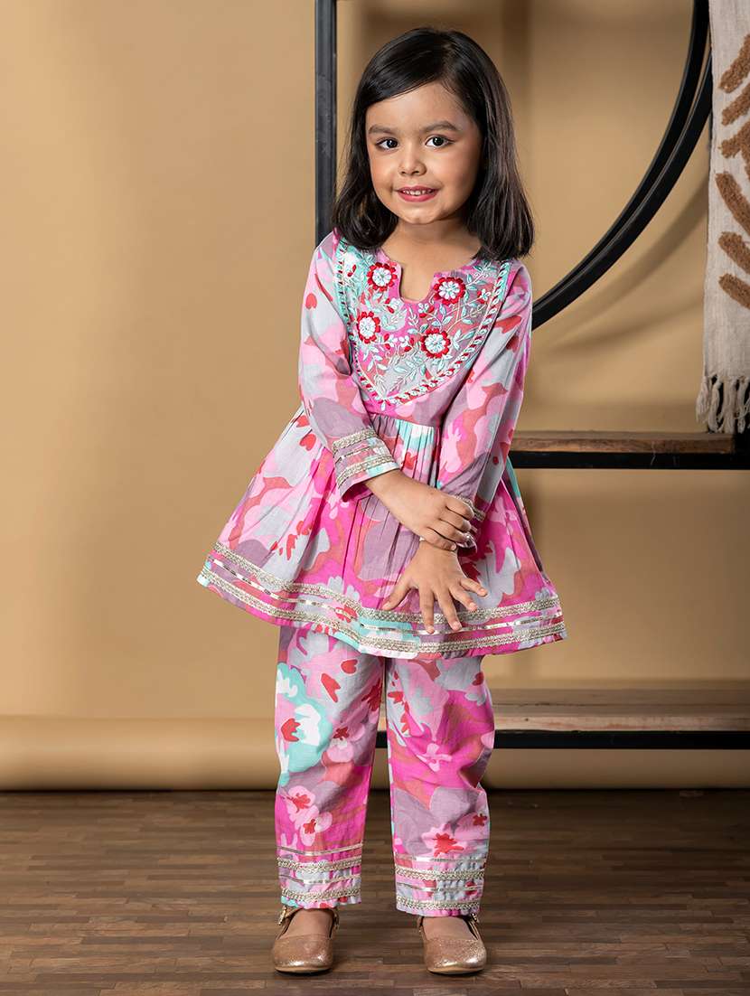 girls floral print long sleeve kurta and pant set - 21967199 -  Standard Image - 1