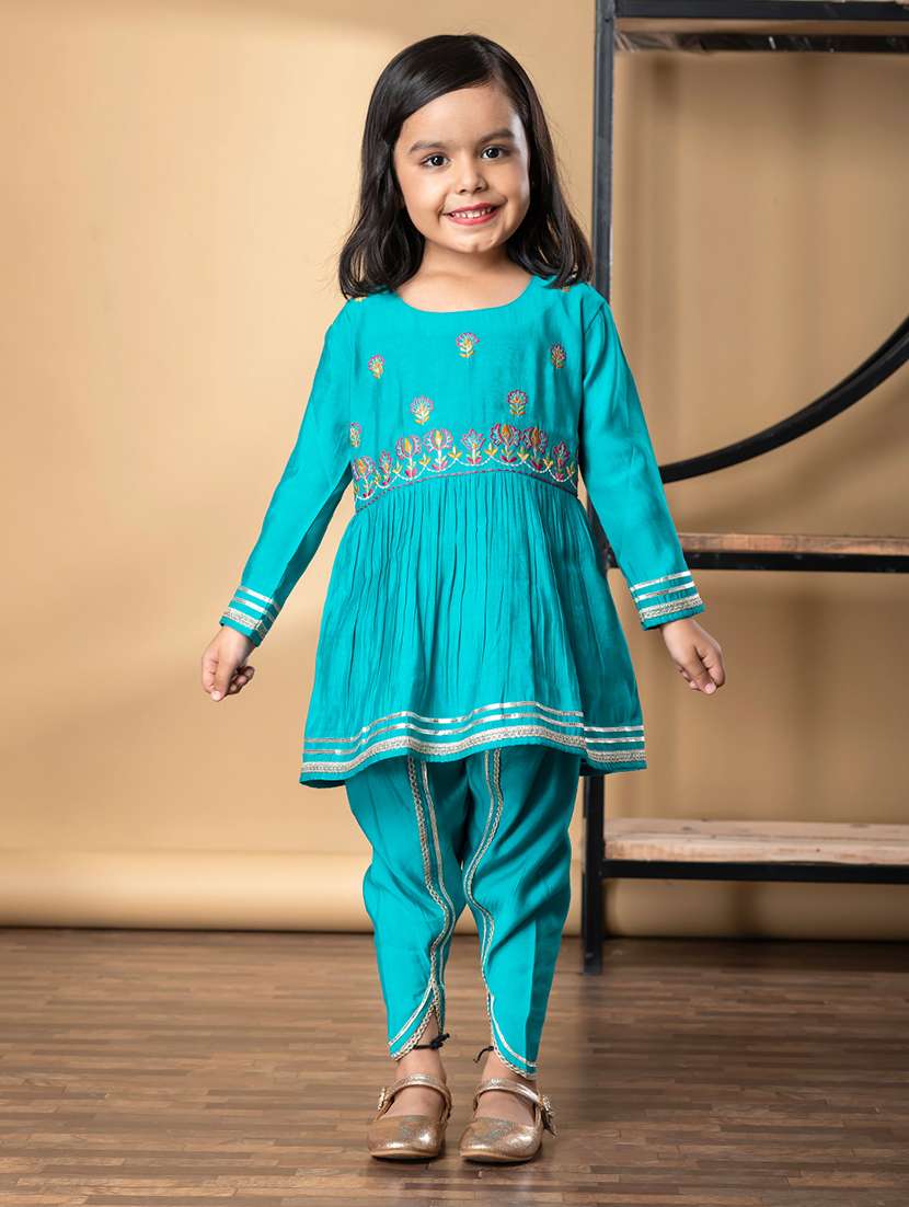 girls embroidered long sleeve kurta and dhoti set
