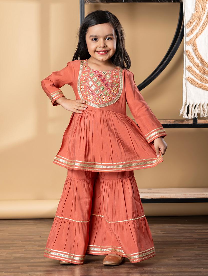 girls embroidered long sleeve kurta and sharara set - 21967206 -  Standard Image - 1