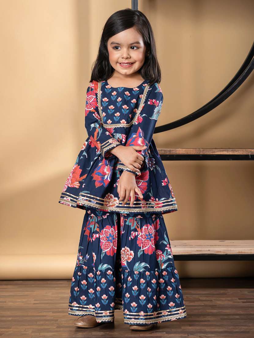 girls floral print long sleeve kurta and sharara set