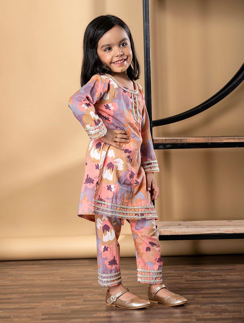 girls floral print long sleeve kurta and pant set - 21967210 - Standard Image - 1