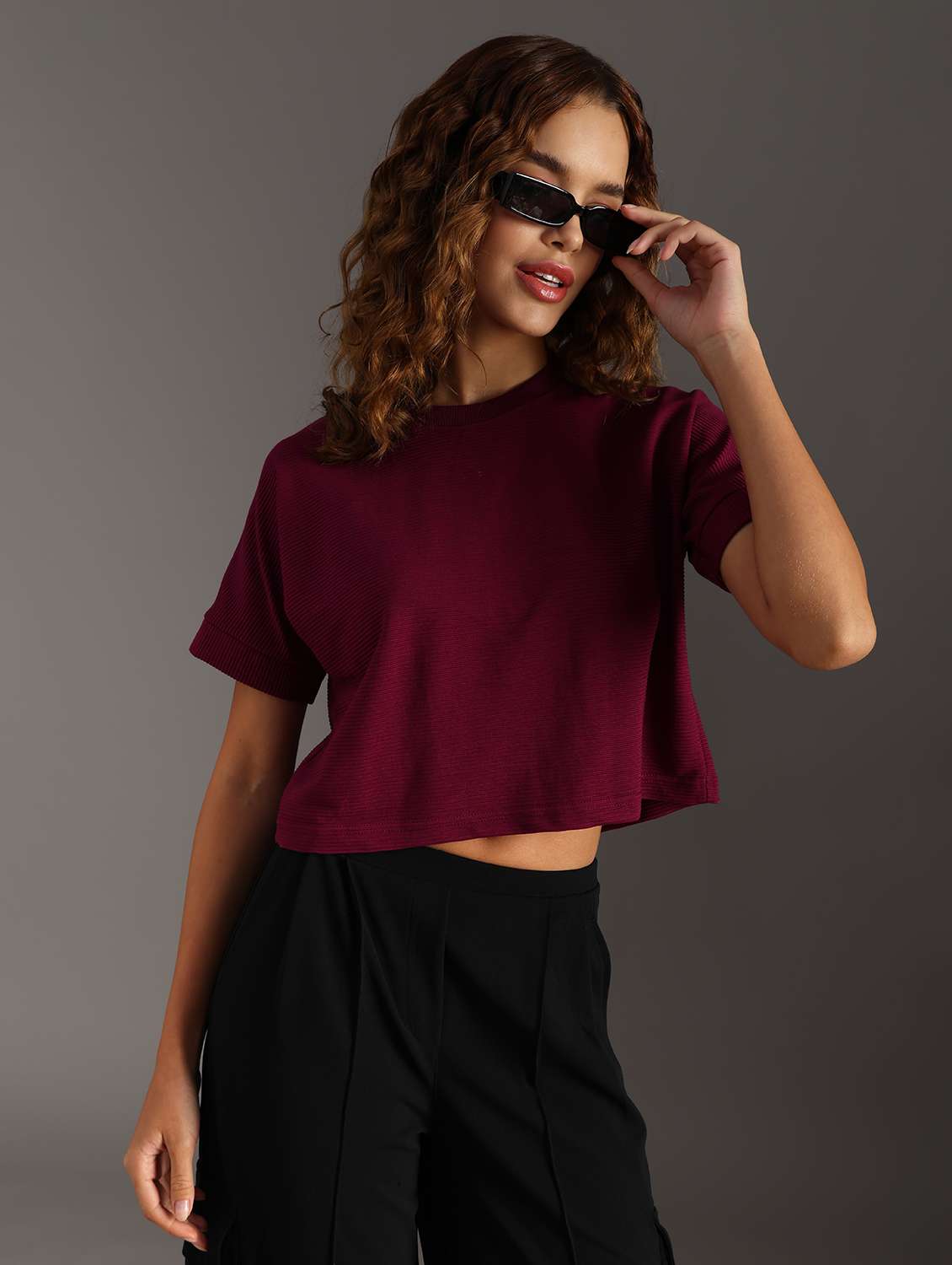 women solid short sleeve crop top - 21967217 -  Zoom Image - 0