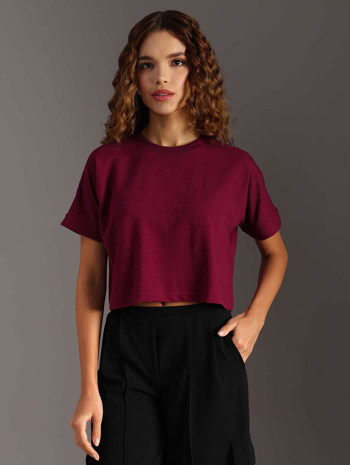 women solid short sleeve crop top - 21967217 - Standard Image - 1