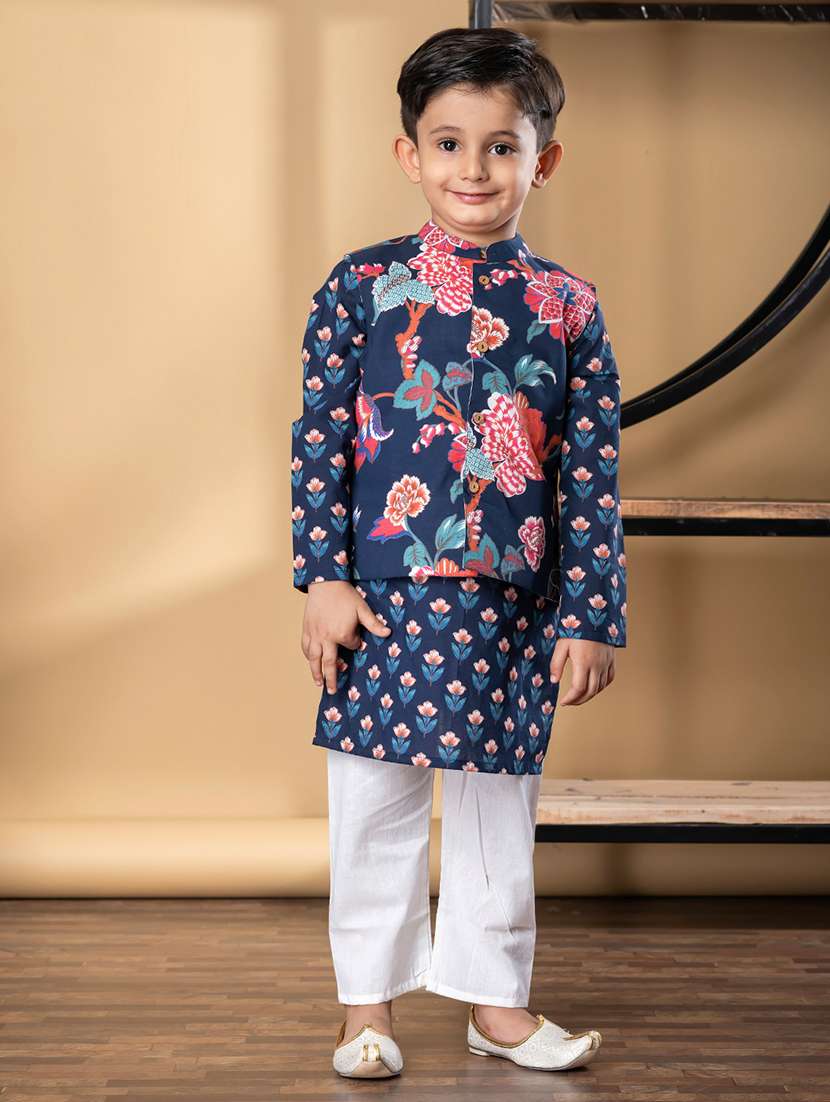 boys floral print kurta and pyjama with nehru jacket - 21967225 -  Standard Image - 1