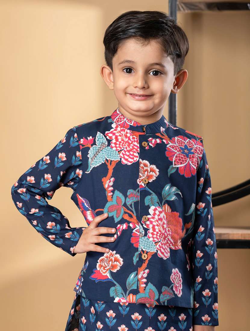 boys floral print kurta and pyjama with nehru jacket - 21967225 -  Standard Image - 4