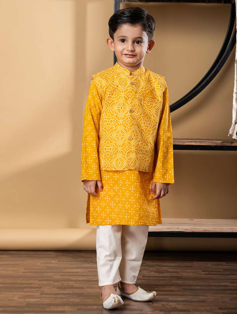 boys printed kurta and pyjama with nehru jacket