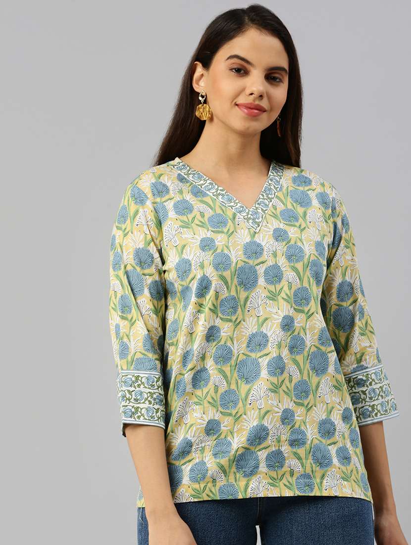 women printed three quater sleeve straigh kurti - 21967249 - Standard Image - 1