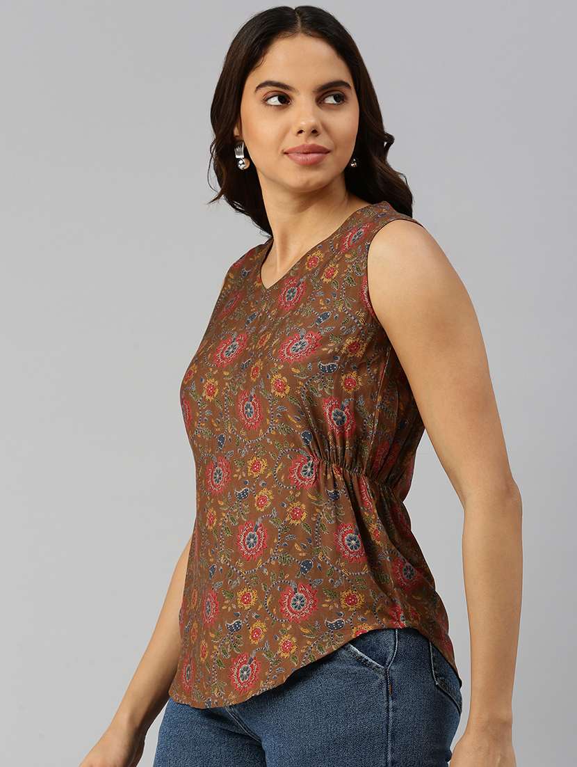 women brown printed sleeveless short kurti - 21967250 -  Standard Image - 1