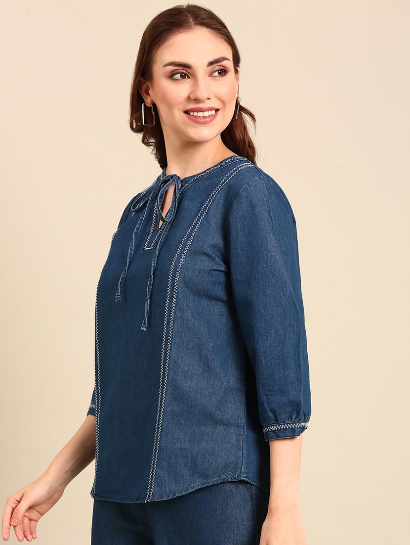 women solid tie-up neck puff sleeve denim top - 21967252 - Standard Image - 1