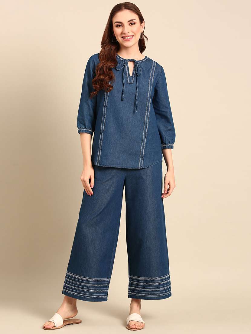 women solid tie-up neck puff sleeve denim top - 21967252 - Standard Image - 4