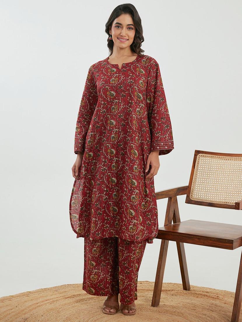 women maroon floral long sleeve kurta palazzo set - 21967360 -  Standard Image - 1