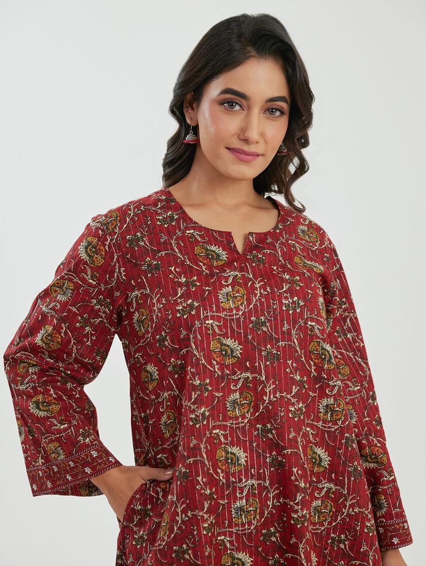 women maroon floral long sleeve kurta palazzo set - 21967360 - Standard Image - 4