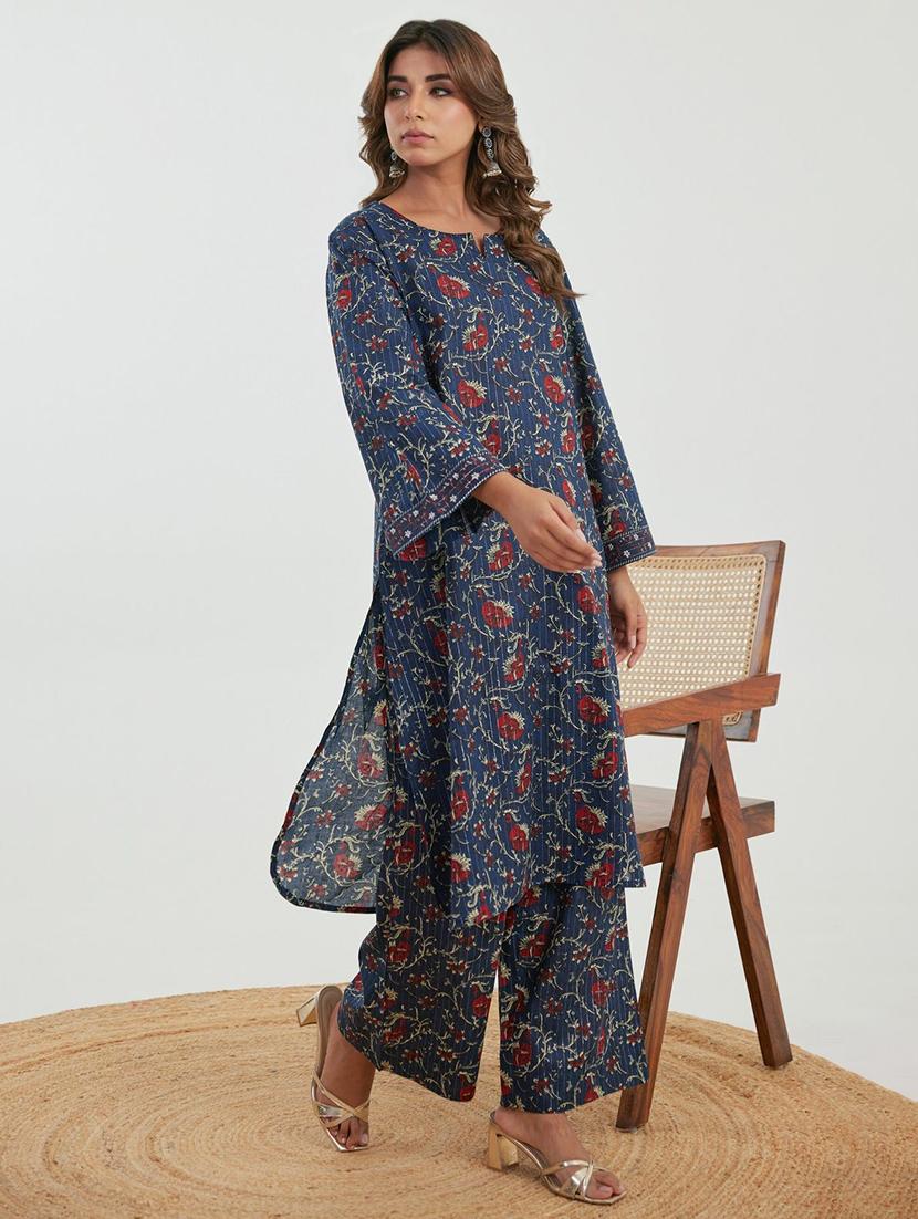 women blue floral long sleeve kurta palazzo set - 21967362 - Standard Image - 1