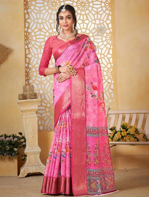 women floral printed bordered saree with blouse