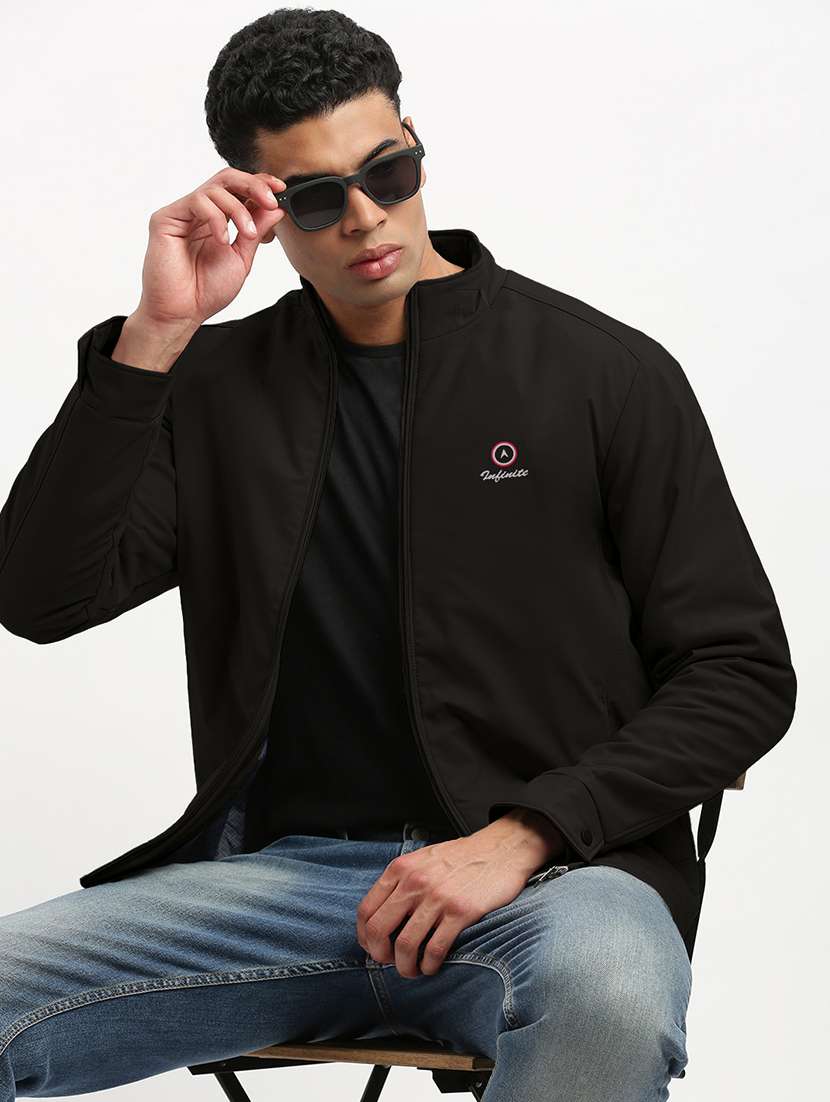 men black solid long sleeve casual jacket