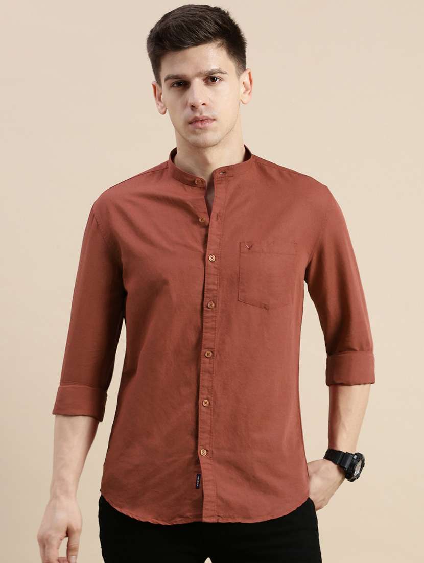men solid long sleeve mandarin collar casual shirt - 21968076 -  Standard Image - 1
