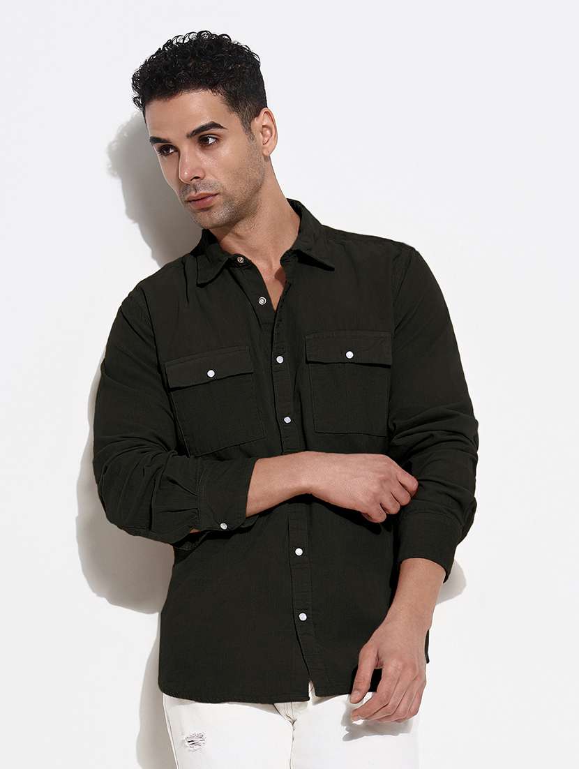 men solid long sleeve collared casual shirt