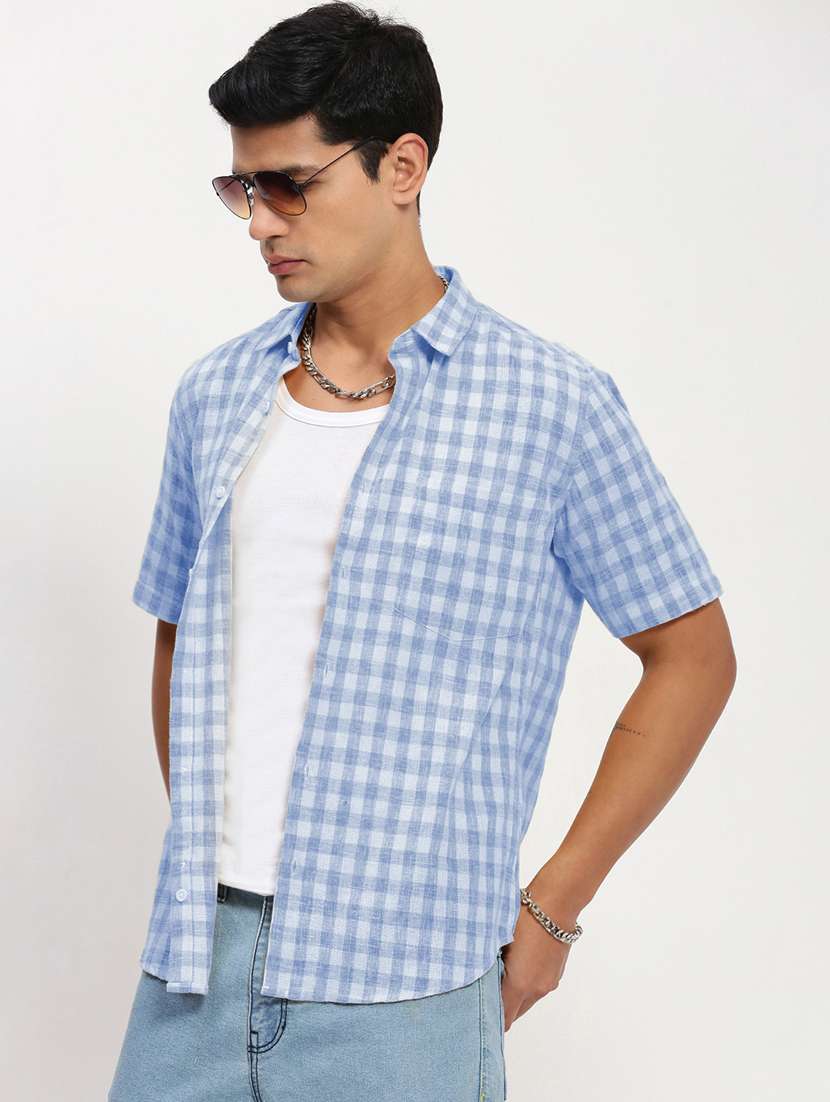 men checkered short sleeve regular fit casual shirt