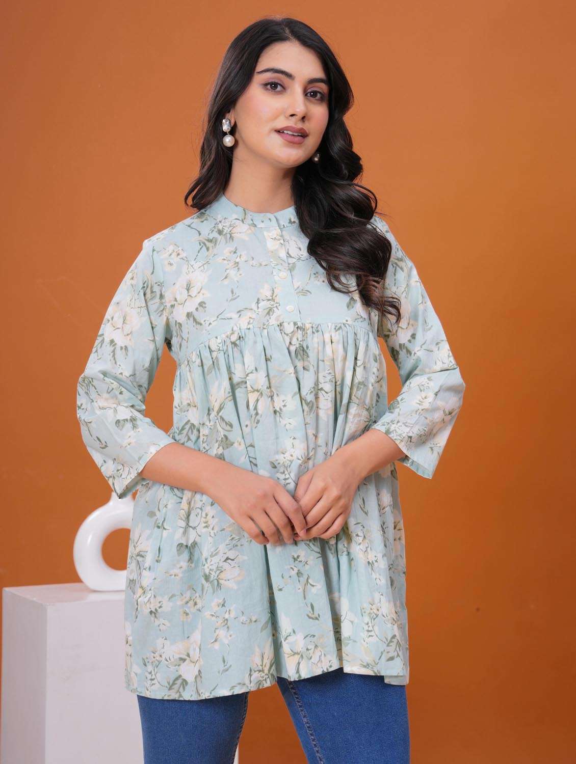 women floral three quarter sleeve flared tunic