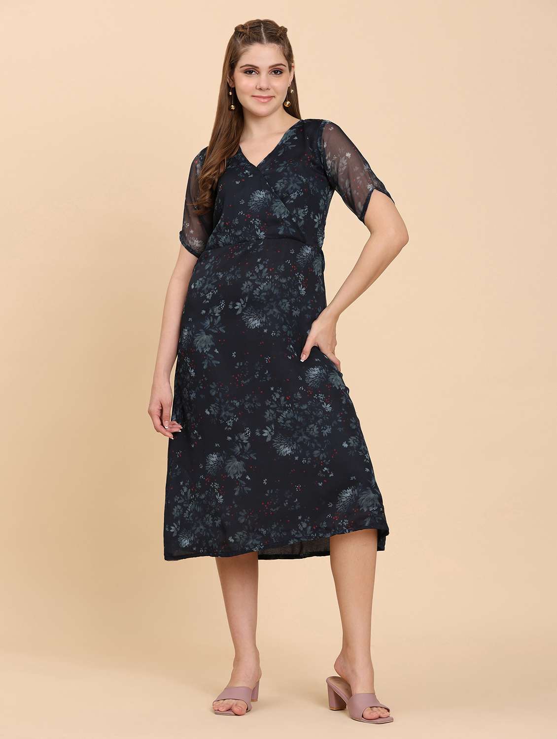 women floral printed overlap neck a-line dress - 21968317 -  Standard Image - 1