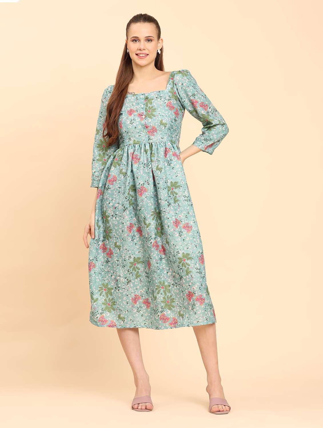 women floral print square neck a-line dress - 21968344 - Standard Image - 1