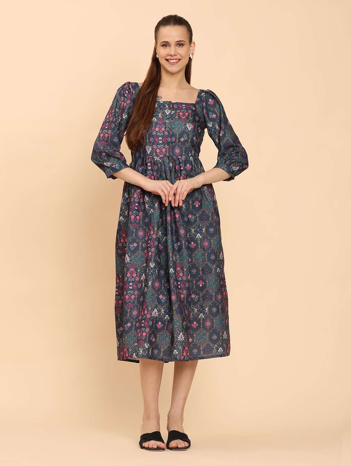 women print square neck  a-line dress - 21968345 -  Standard Image - 1