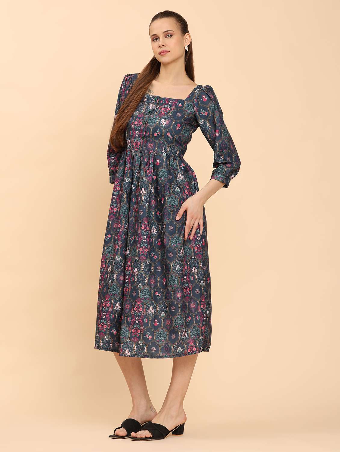 women print square neck  a-line dress - 21968345 -  Standard Image - 4