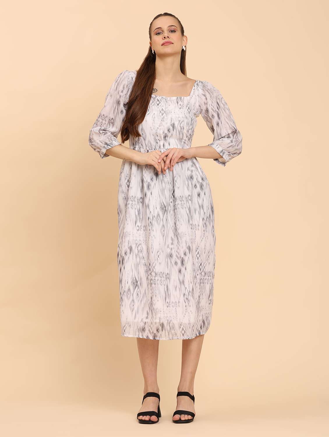 women printed square neck  a-line dress - 21968346 -  Standard Image - 1