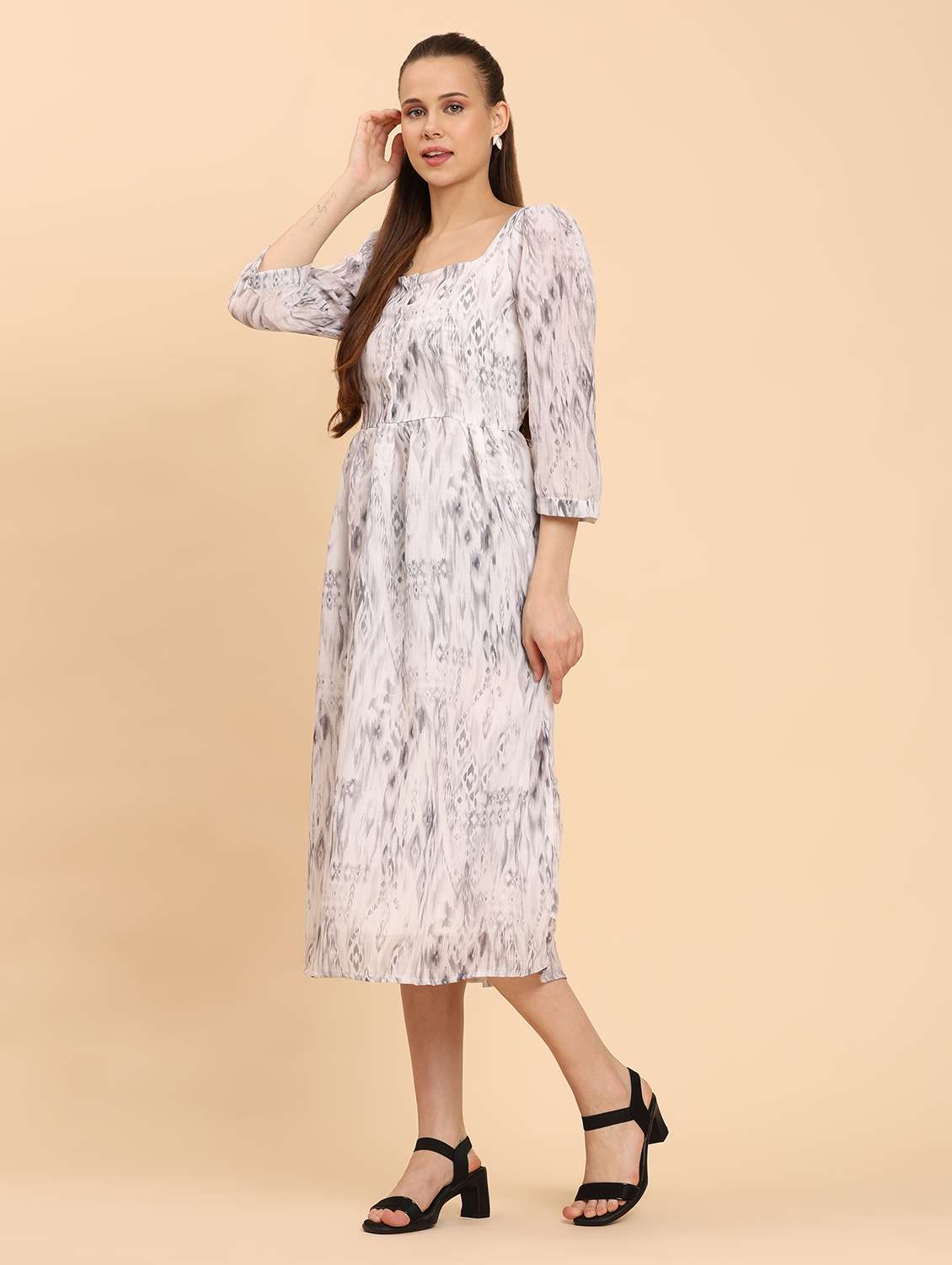 women printed square neck  a-line dress - 21968346 -  Standard Image - 4