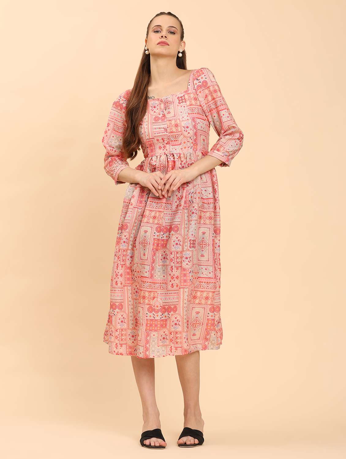 women peach printed square neck  a-line dress - 21968348 -  Standard Image - 1