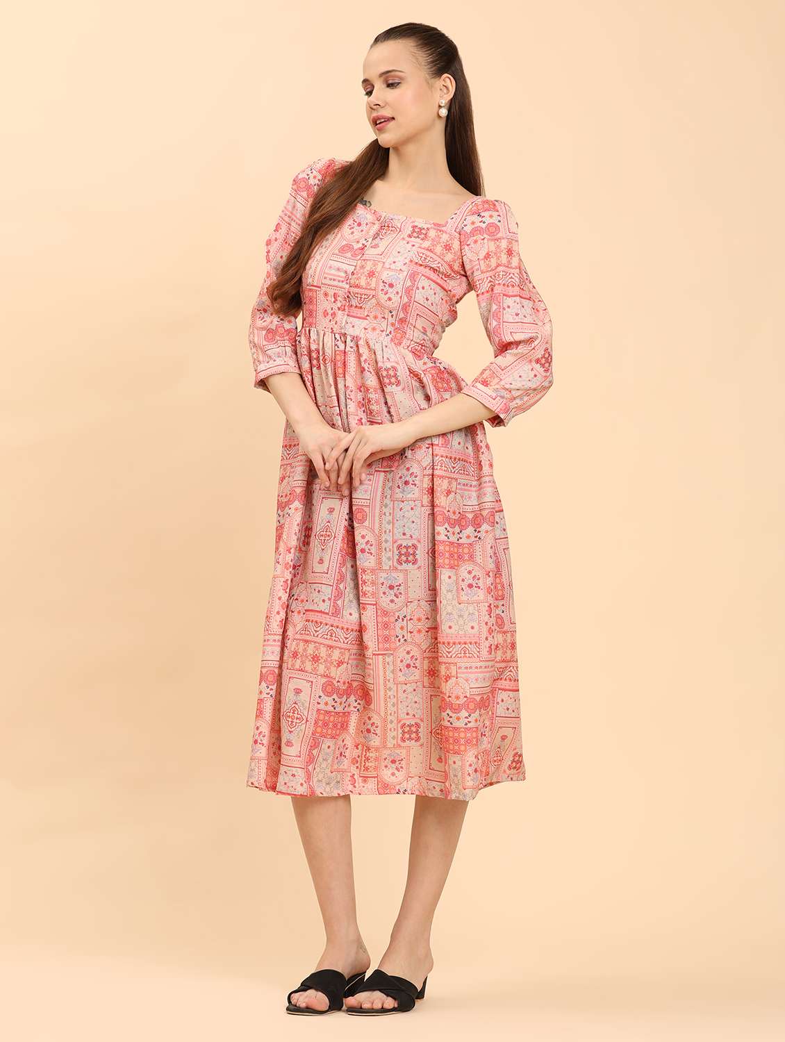 women peach printed square neck  a-line dress - 21968348 -  Standard Image - 4
