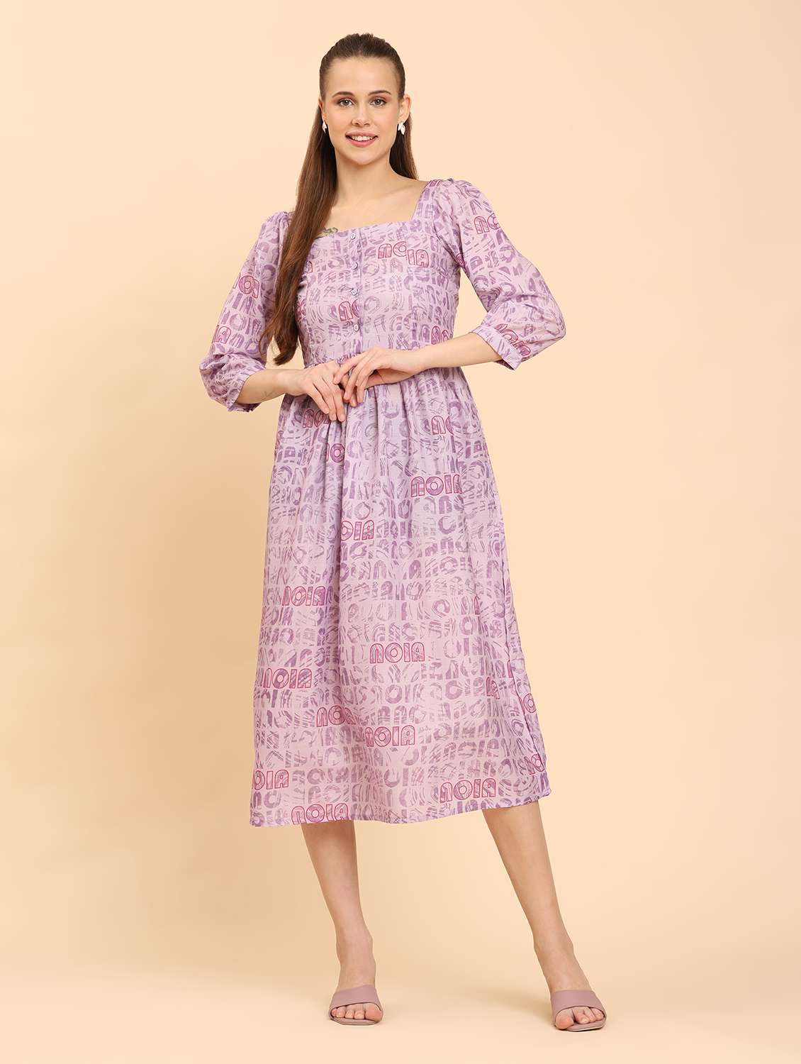 women lavender printed square neck  a-line dress - 21968349 -  Standard Image - 1