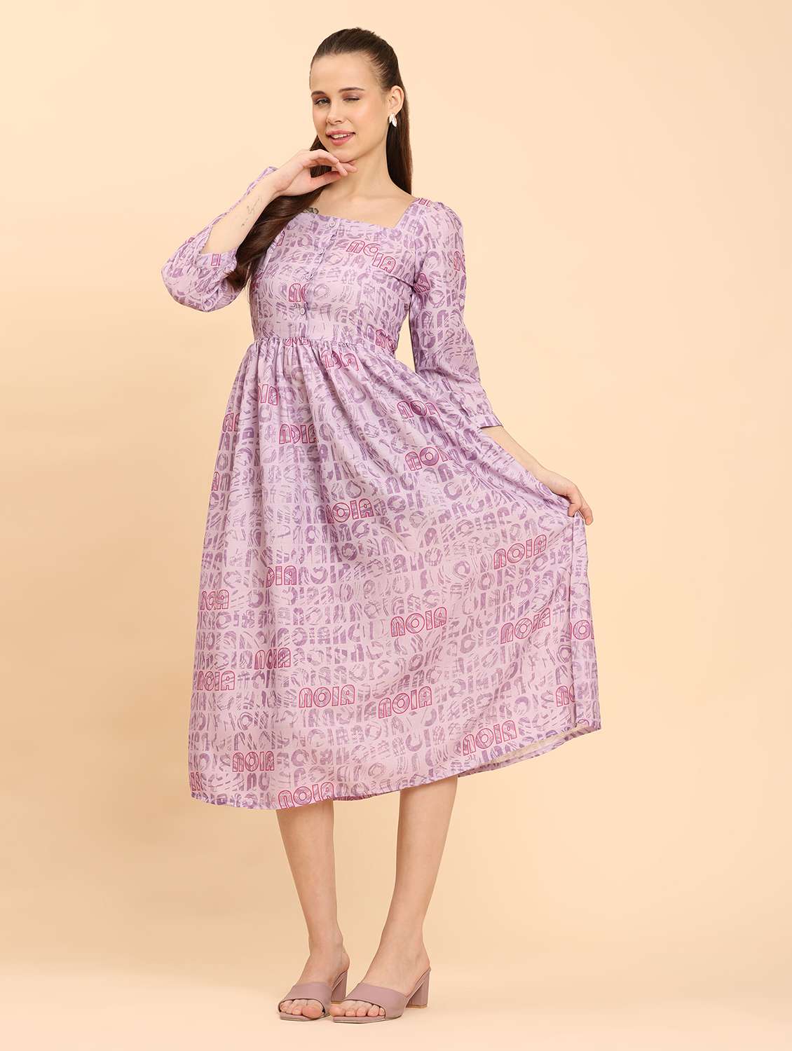 women lavender printed square neck a-line dress - 21968349 - Standard Image - 4