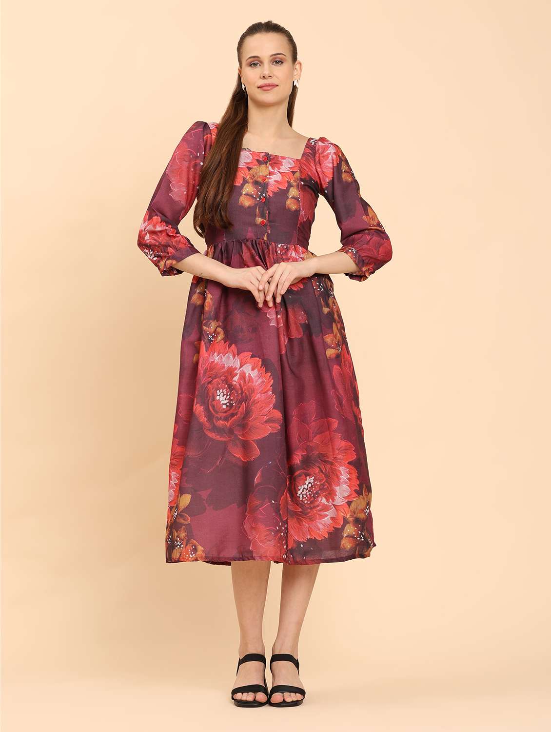 women floral print square neck  a-line dress - 21968350 -  Standard Image - 1