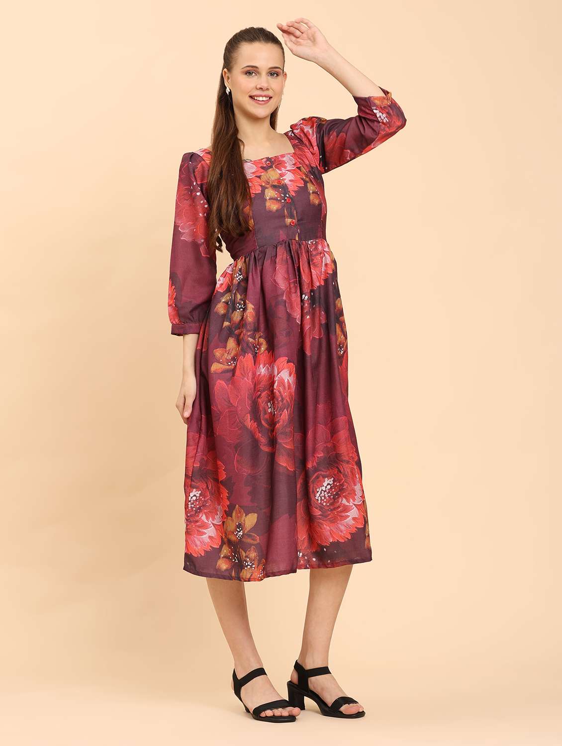 women floral print square neck a-line dress - 21968350 - Standard Image - 4