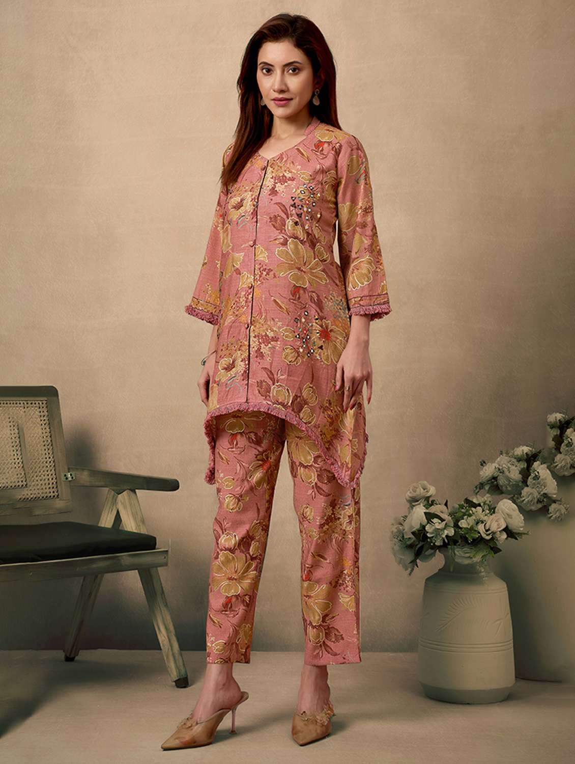 women floral three quarter sleeve ethnic co ord set - 21968497 -  Standard Image - 1