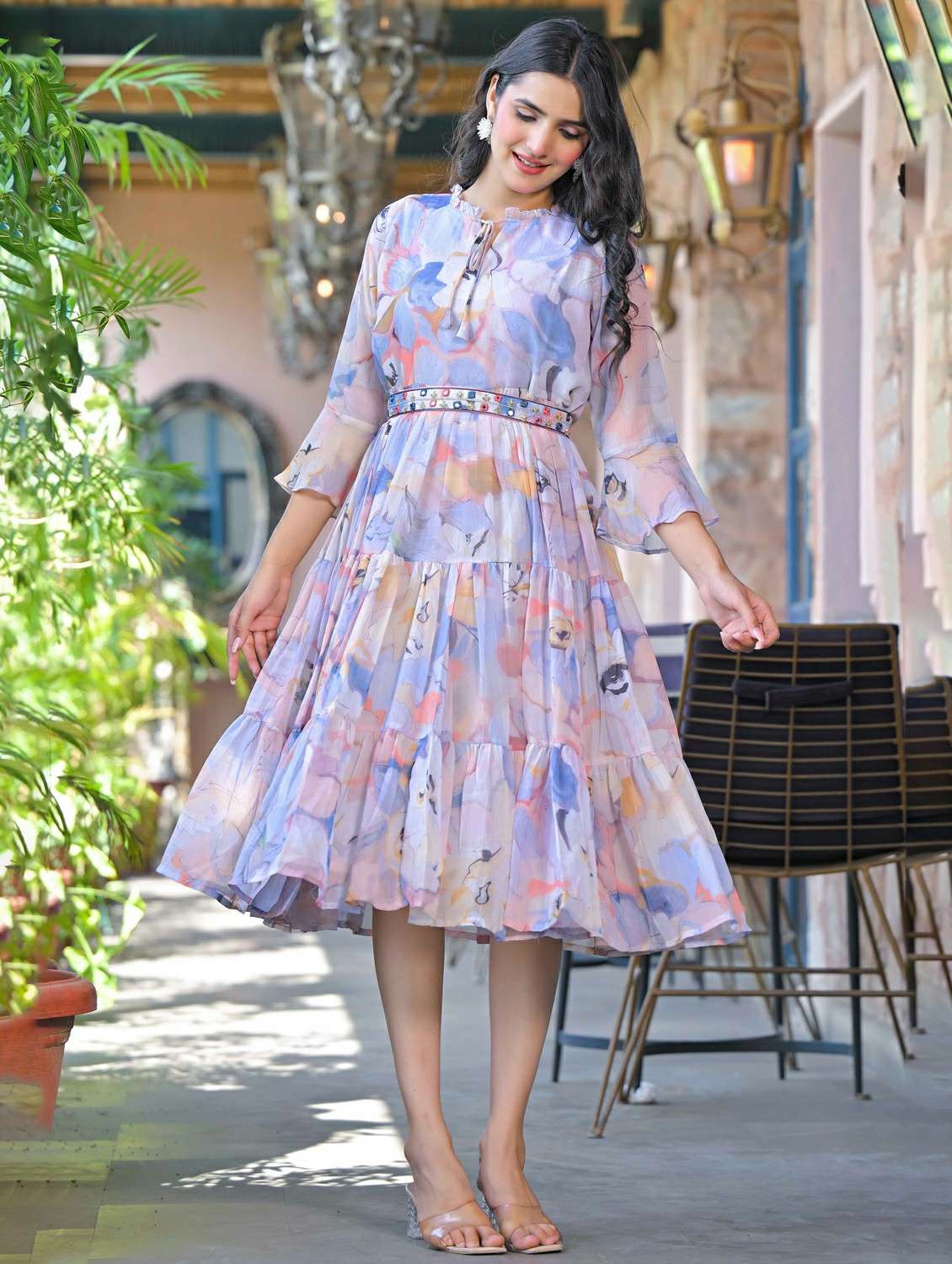 women printed tie-up neck tiered dress - 21968503 -  Standard Image - 1