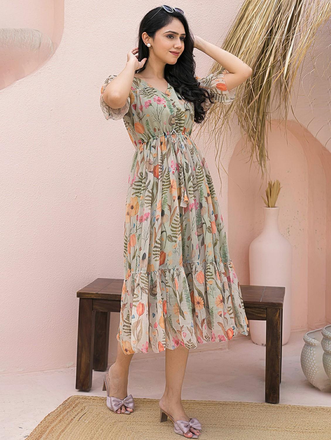 women floral print puff sleeve tiered dress - 21968504 - Standard Image - 1