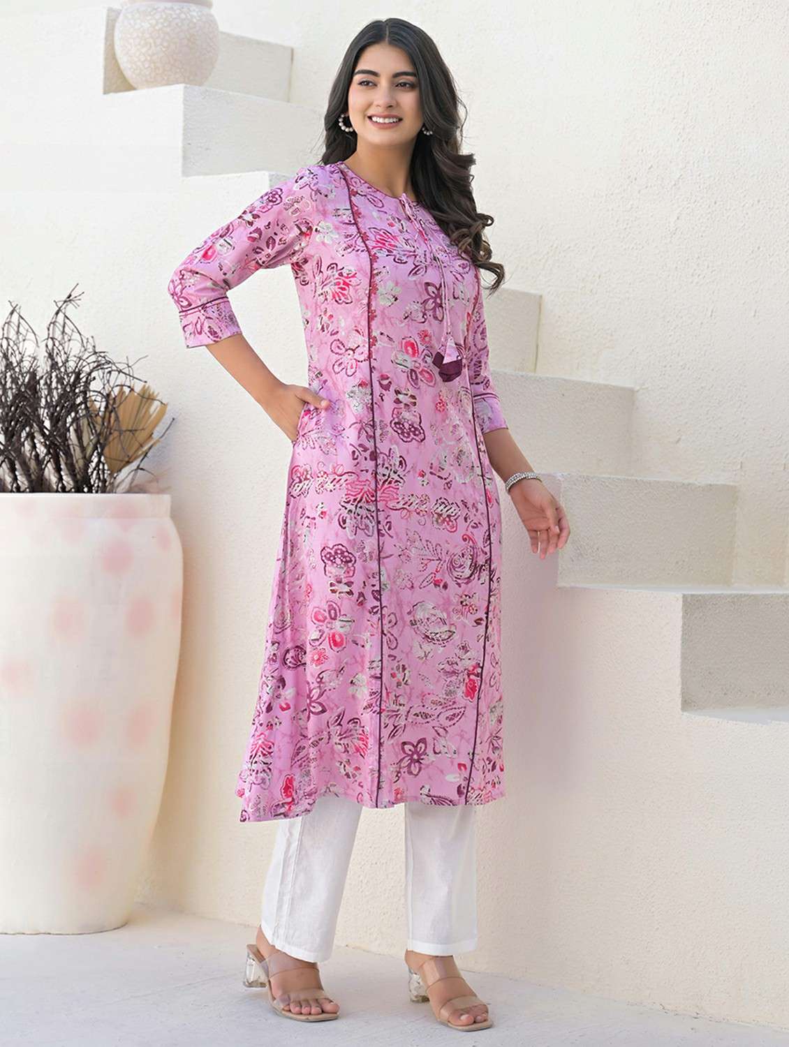women three quarter sleeve a-line kurta - 21968509 -  Standard Image - 1
