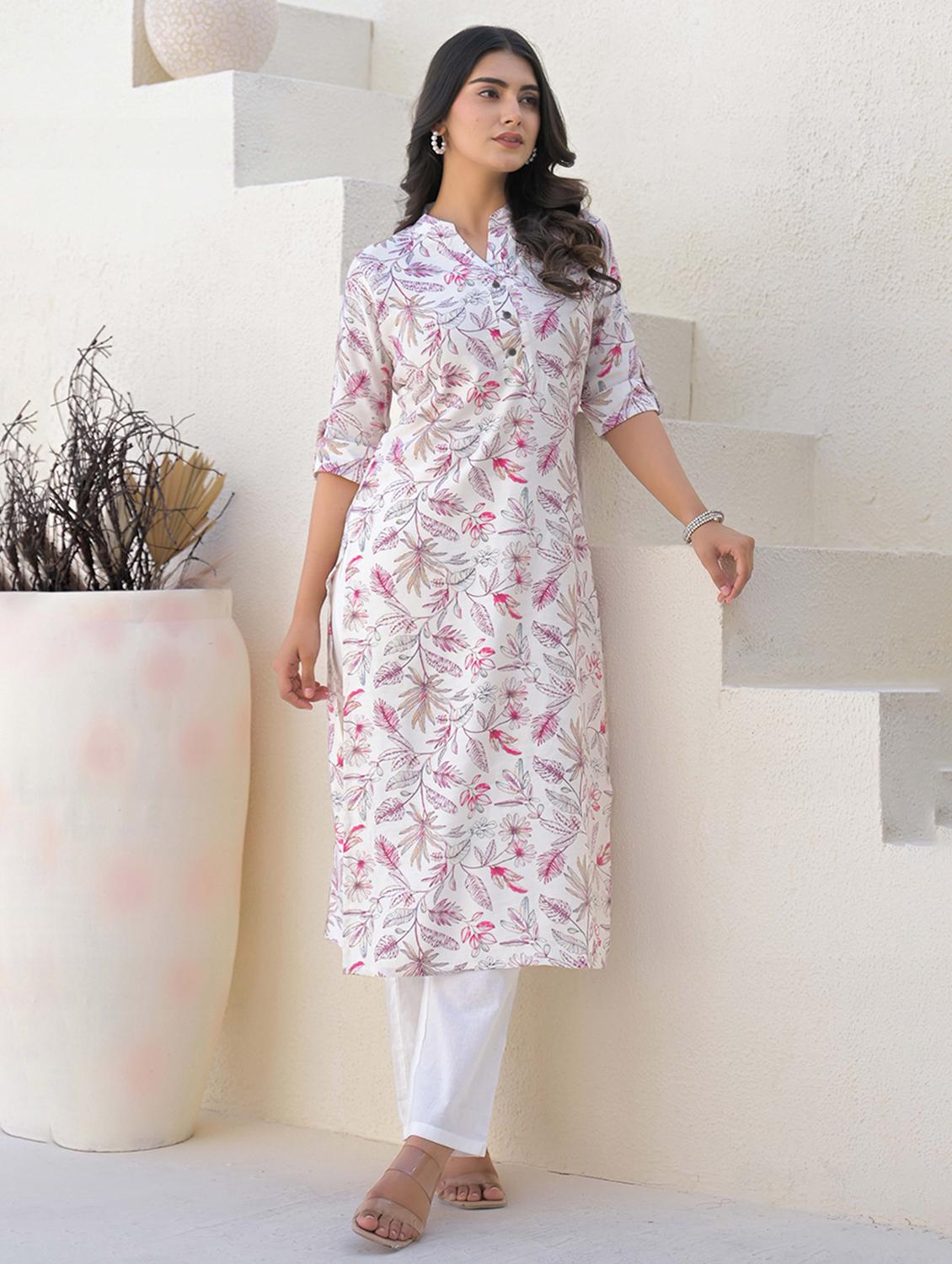 women floral roll up sleeve straight kurta - 21968511 - Standard Image - 1