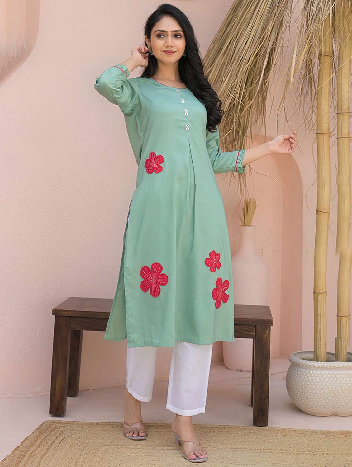 women floral three quarter sleeve a-line kurta - 21968512 -  Standard Image - 1