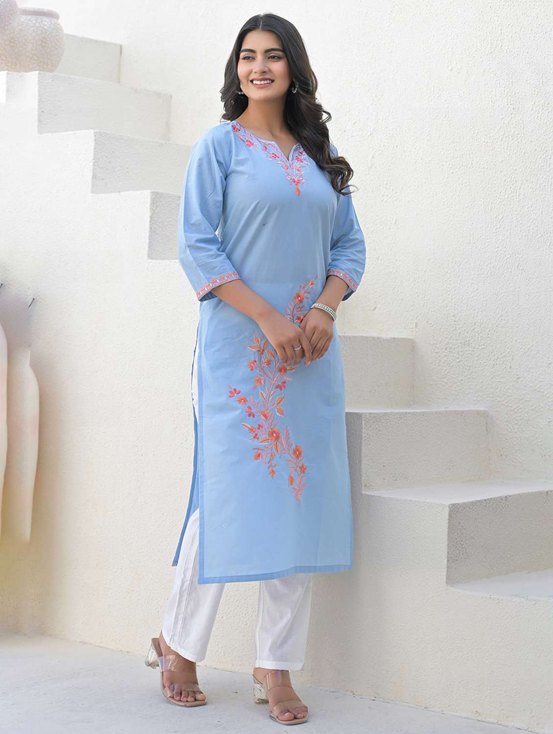 women embroidered three quarter sleeve straight kurta  - 21968514 -  Standard Image - 1