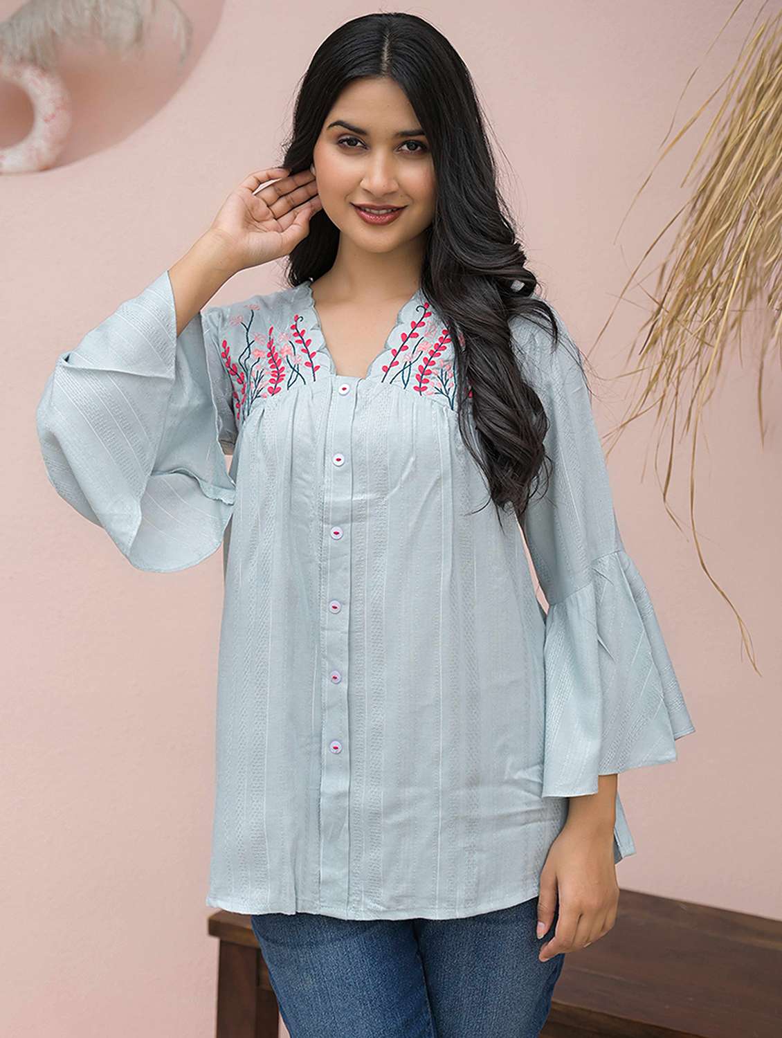 women embroidered bell sleeve  a-line top - 21968519 -  Standard Image - 1