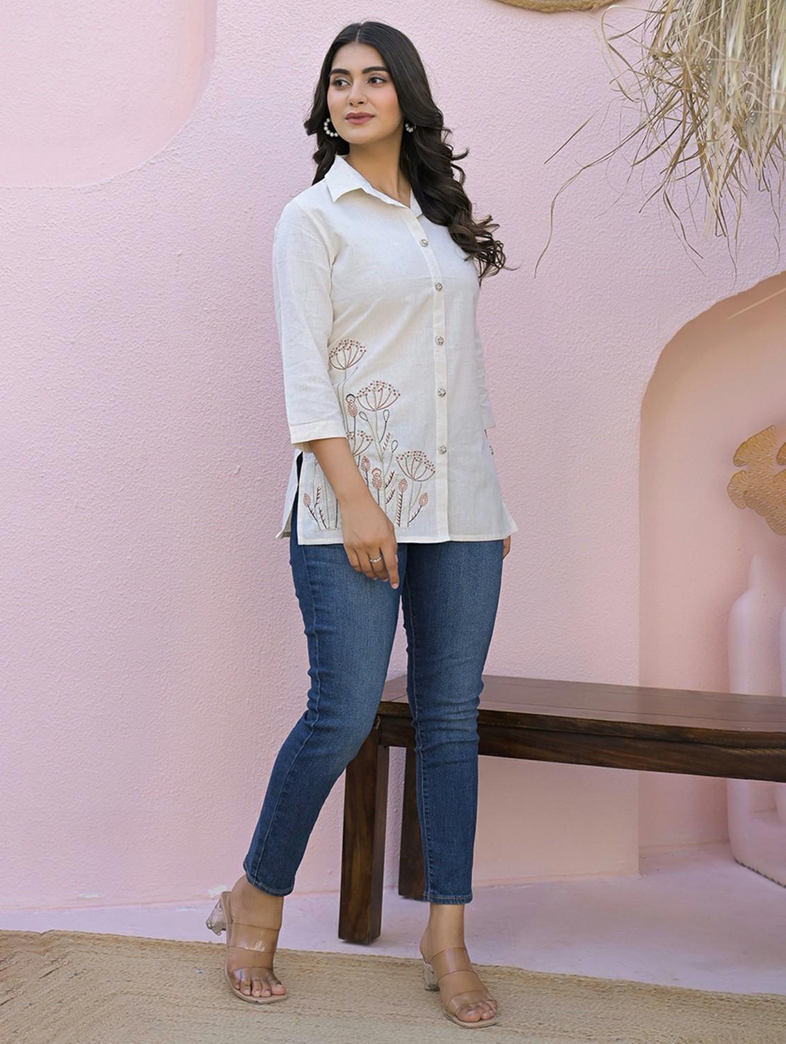women white embroidered collared shirt - 21968524 - Standard Image - 4