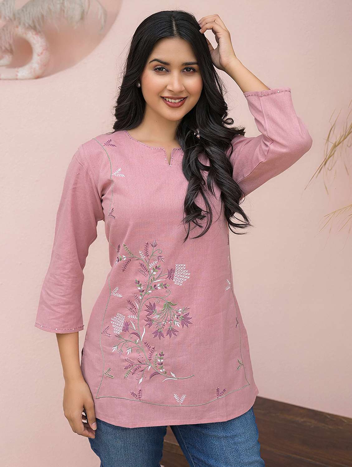 women embroidered three quarter sleeve kurti - 21968526 -  Standard Image - 1